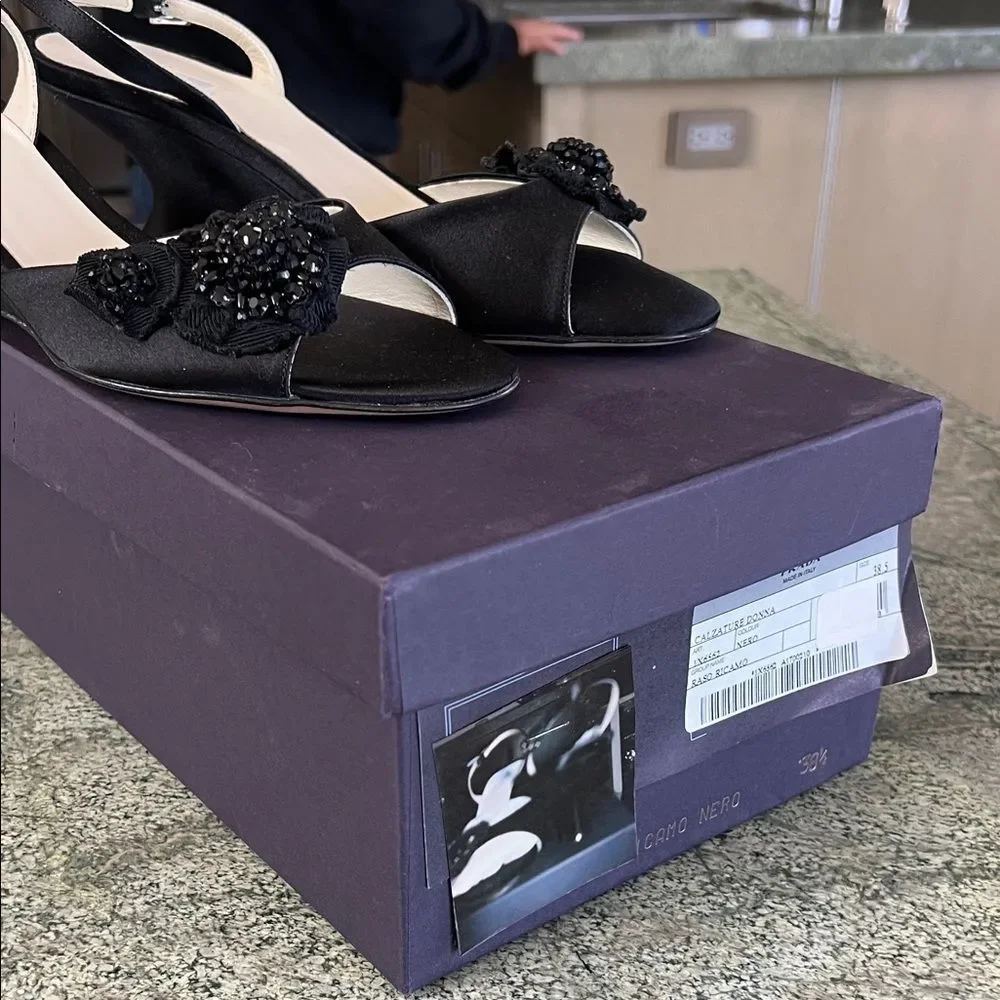 PRADA Black Wedge Sandals with Embellished Detail 38.5